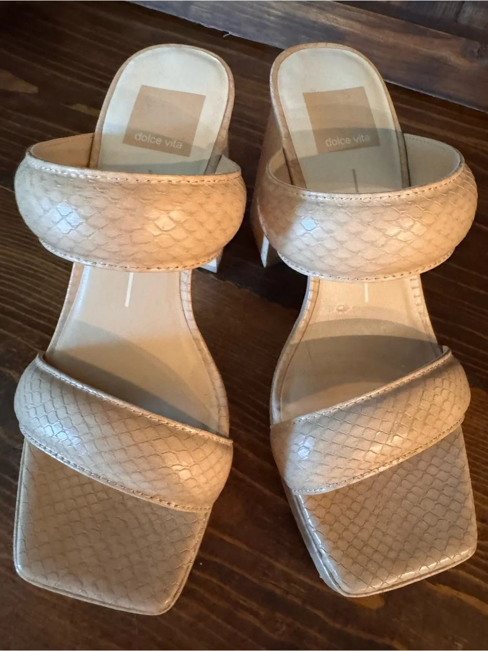 Dolce Vita Women's Neutral Snake-Texture Platform Sandals- light beige